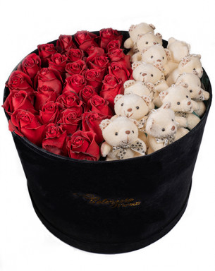 Büyük Silindir Kutuda Ayılar ve Kırmızı Güller