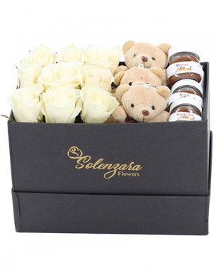 Dikdörtgen Kutuda Ayıcıklı Kişiye Özel Nutellalı Beyaz Gül