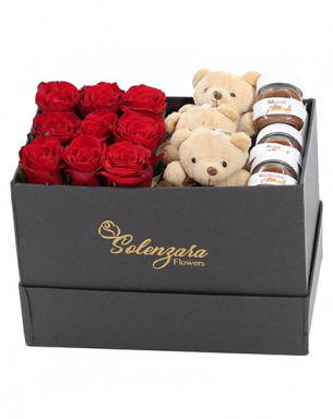  Dikdörtgen Kutuda Ayıcıklı Kişiye Özel Nutellalı Kırmızı Gül