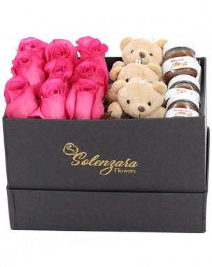  Dikdörtgen Kutuda Ayıcıklı Kişiye Özel Nutellalı Lila Gül