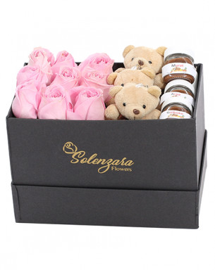 Dikdörtgen Kutuda Ayıcıklı Kişiye Özel Nutellalı Pembe Gül