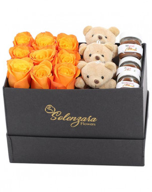  Dikdörtgen Kutuda Ayıcıklı Kişiye Özel Nutellalı Turuncu Gül