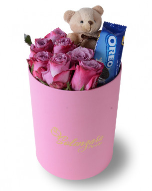 Pembe Silindir Kutuda Ayıcıklı ve Oreolu Lila Gül