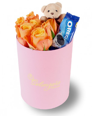 Pembe Silindir Kutuda Ayıcıklı ve Oreolu Turuncu Gül