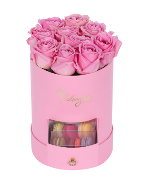 Silindir Küçük Pembe Kutuda Makaronlu Pembe Gül