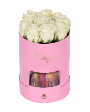 Silindir Küçük Pembe Kutuda Makaronlu Beyaz Gül