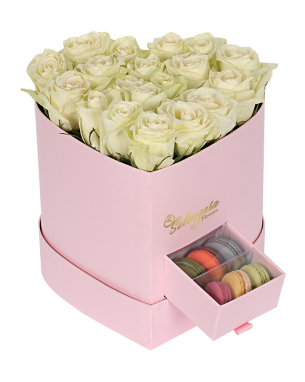 Pembe Kalpli Kutuda Beyaz Gül ve Makaron 