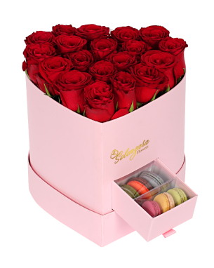 Pembe Kalpli Kutuda Kırmızı Gül ve Makaron 
