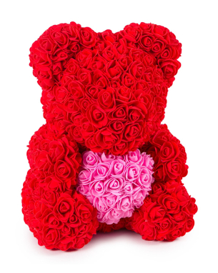 Kırmızı Güllü Pembe Kalpli 40 cm Ayıcık Teddy Rose