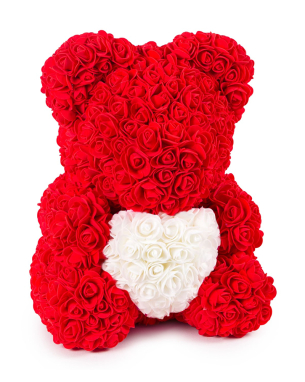 Kırmızı Güllü Beyaz Kalpli Solmayan Gül 40 cm Ayıcık Teddy Rose